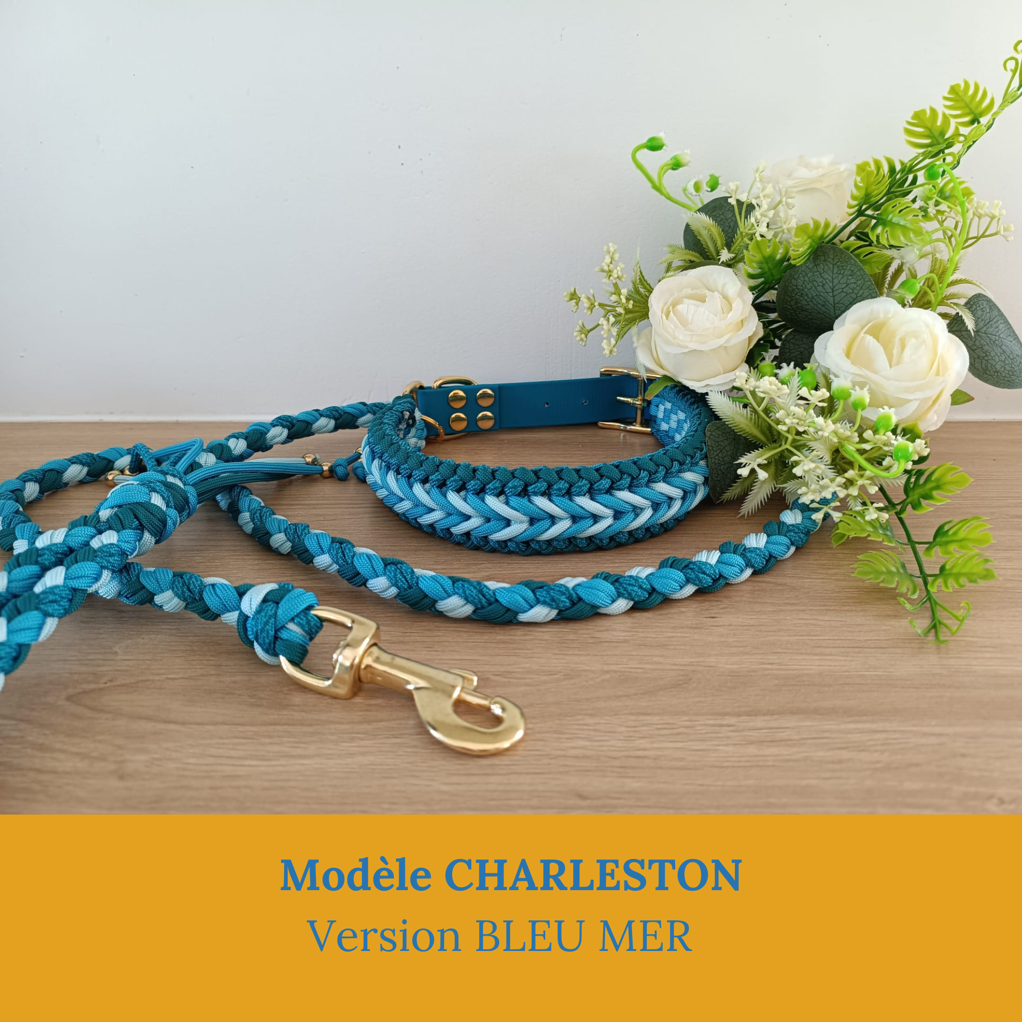 Joli-ensemble-collier-laisse-chien-personnalisé-paracord-tressé-main